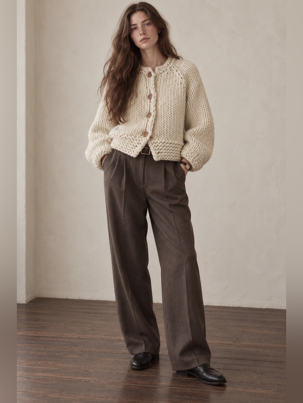 Korean Designer Chunky Cream Button-Front Women's Sweater